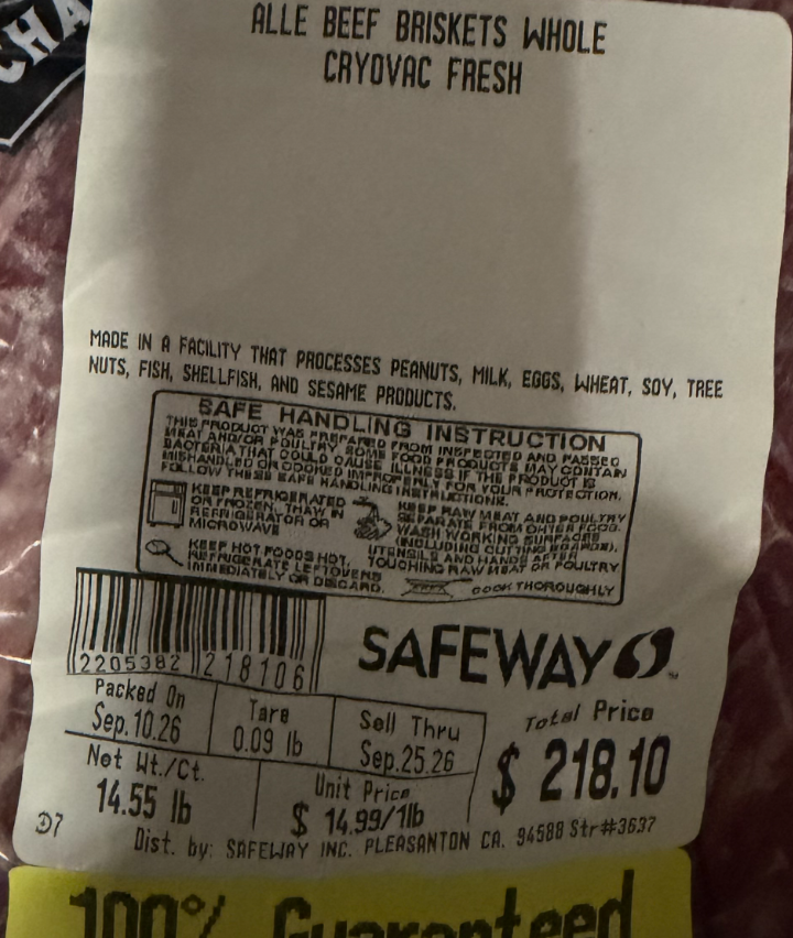 Brisket price sticker showing $218.10